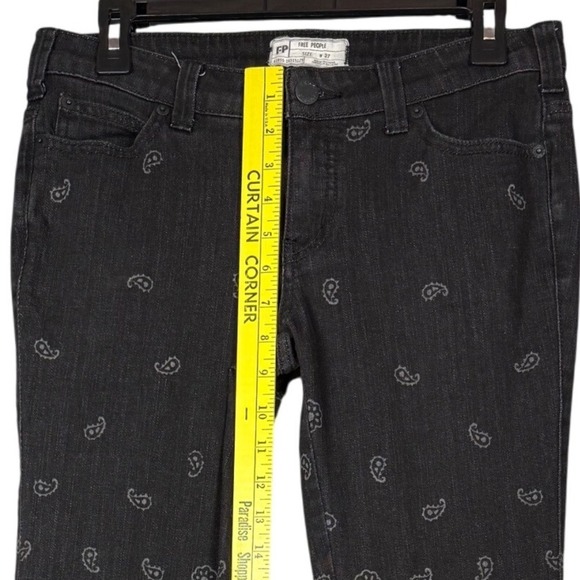 FREE PEOPLE Denim Super Flare Bandana Jeans, Black, Distressed Hem, Size 27 - Picture 8 of 10